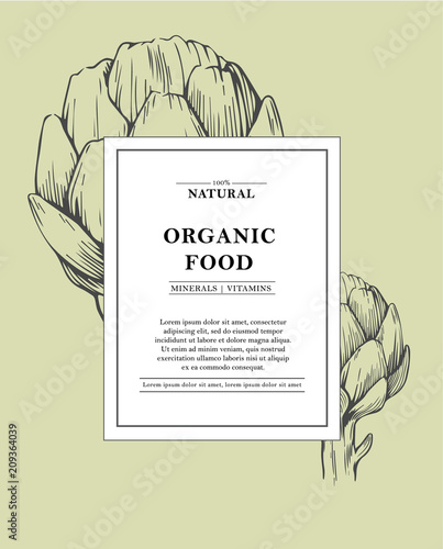 Organic food. Organic botanical design template. Hand drawn Vector illustration of artichoke