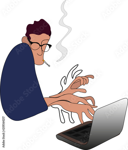 Writer with smoking cigarette editor journalist creates novel or article on laptop