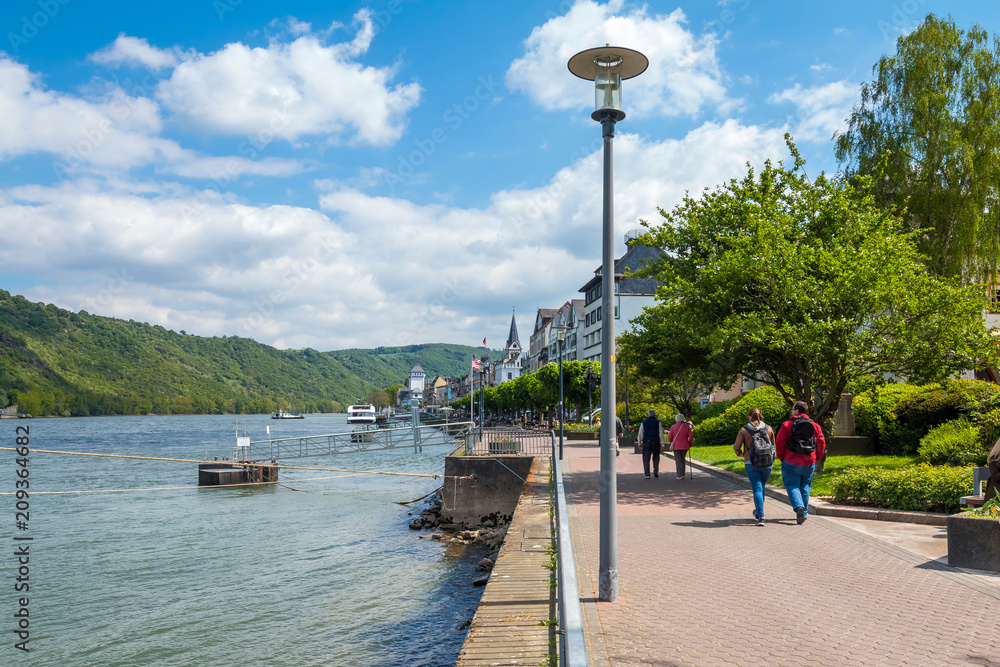 Boats moored up on the river Rhine at Boppard, Famous popular Wine Village of Boppard at Rhine River, Rhine Valley is UNESCO World Heritage Site