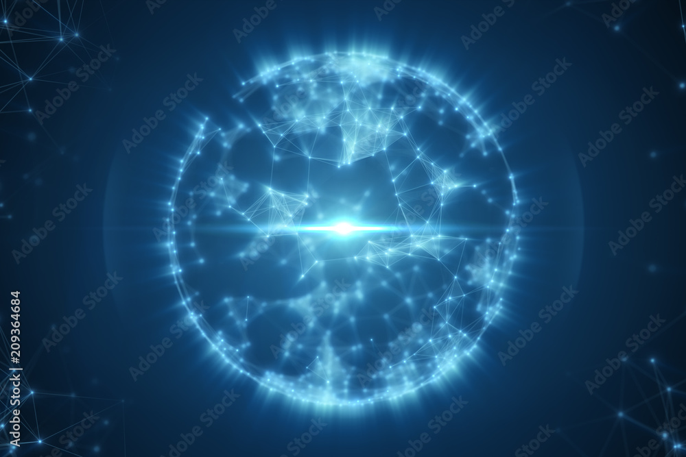 Abstract sphere from connected plexus white dots and lines and a pulsating light in center 3d illustration Abstract sphere from connected plexus white dots and lines and a pulsating light in center 3d illustration