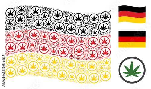 Waving German official flag. Vector cannabis pictograms are grouped into mosaic German flag illustration. Patriotic concept organized of flat cannabis pictograms.