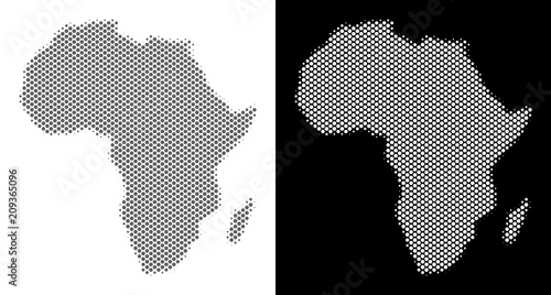 Halftone round dot Africa map. Vector territory maps in grey and white colors on white and black backgrounds. Abstract mosaic of Africa map made of round elements.