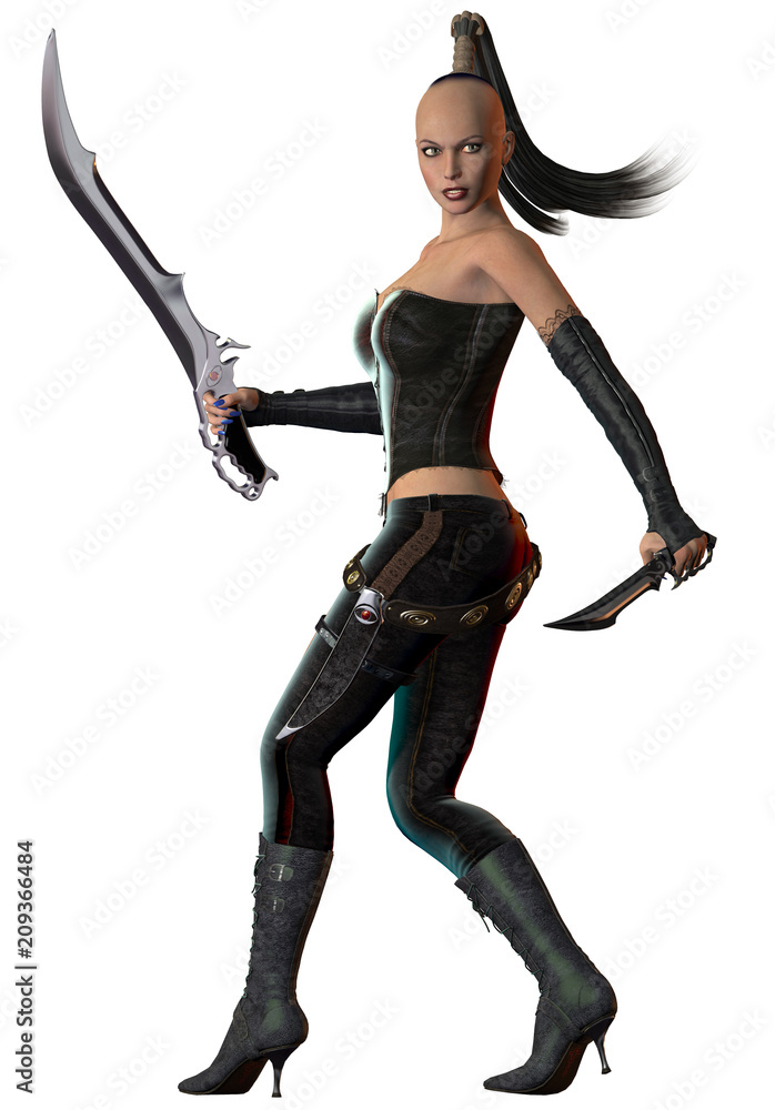 Fantasy warrior girl, armed with sword and dagger, 3d illustration Fantasy warrior girl, armed with sword and dagger, 3d illustration