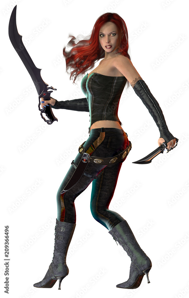 Fantasy warrior girl, long red hairs, armed with sword and dagger, 3d illustration Fantasy warrior girl, long red hairs, armed with sword and dagger, 3d illustration