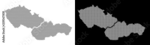 Halftone circle spot Czechoslovakia map. Vector territory maps in gray and white colors on white and black backgrounds. Abstract pattern of Czechoslovakia map organized of circle spots.