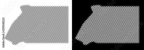 Halftone round dot Equatorial Guinea map. Vector geographical maps in gray and white colors on white and black backgrounds. Abstract pattern of Equatorial Guinea map made of round elements.