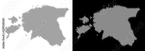 Halftone circle blot Estonia map. Vector territorial maps in gray and white colors on white and black backgrounds. Abstract pattern of Estonia map done of circle dots. photo