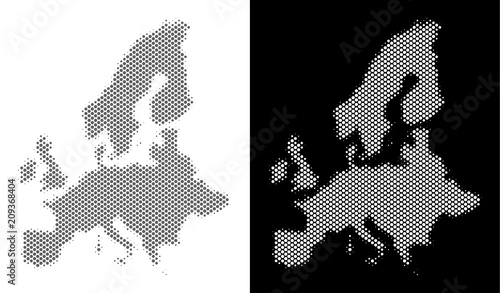 Halftone circle spot European Union map. Vector geographical maps in gray and white colors on white and black backgrounds. Abstract pattern of European Union map designed of circle dots.