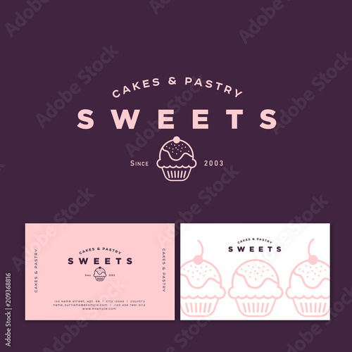 Bakery logo. Sweets cakes and pastry emblem. Bakery and cafe logo. A beautiful cake and letters. Business card and pattern.