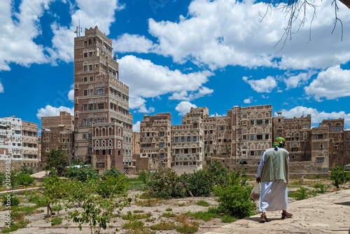 Multi-storey traditional buildings made of stone in Sanaa, Yemen photo
