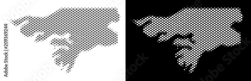 Halftone round pixel Guinea-Bissau map. Vector territorial maps in grey and white colors on white and black backgrounds. Abstract collage of Guinea-Bissau map combined of circle dots. photo
