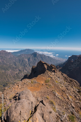 Volcanic landscape in Roque de los muchachos, highest peak of la Palma island, Canary island, Spain.