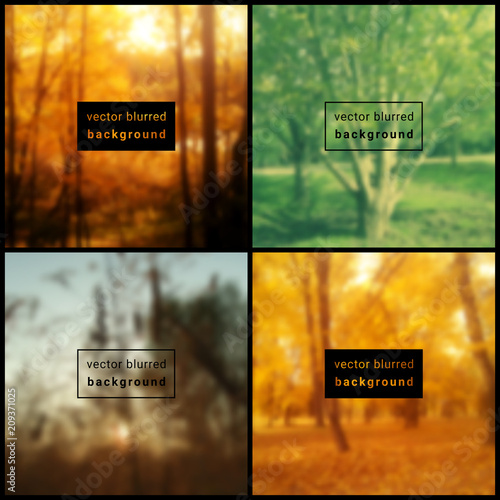 Vector set of four square blurred nature backgrounds. Beautiful place for your text.
