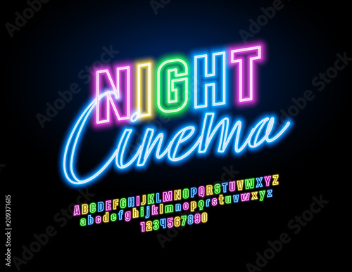 Vector neon Night Cinema banner. Bright colorful Font. Glowing Alphabet Letters, Numbers and Symbols
