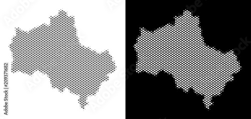 Halftone circle blot Moscow Oblast map. Vector geographical maps in gray and white colors on white and black backgrounds. Abstract composition of Moscow Oblast map done of circle dots.