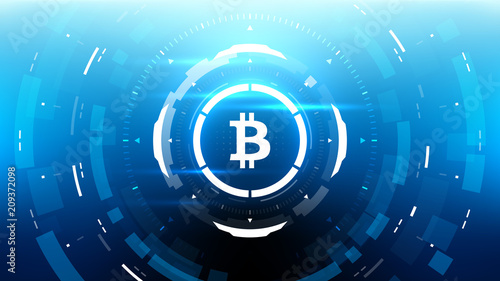 Bitcoin cryprocurrency futuristic vector illustration for background, HUD, graphical user interface, banner, business and finance infographics and more. Worldwide digital money blockchain system