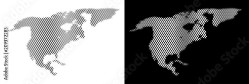 Halftone circle dot North America map. Vector territory maps in grey and white colors on white and black backgrounds. Abstract composition of North America map designed of round dots.