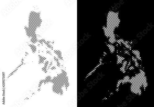 Halftone round blot Philippines map. Vector geographical maps in grey and white colors on white and black backgrounds. Abstract composition of Philippines map organized of circle points. photo