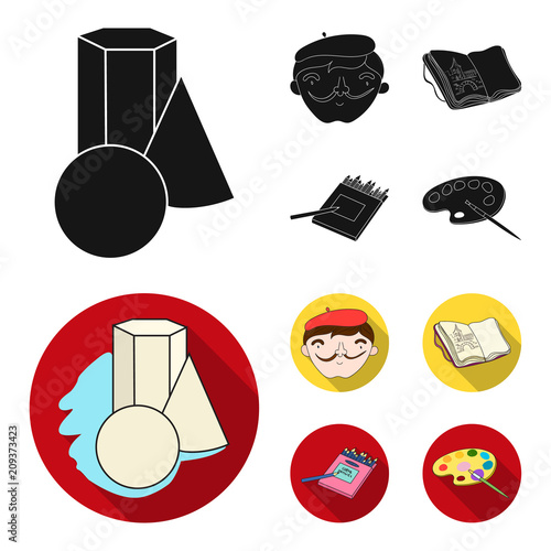 Geometric still life, a self-portrait of the artist, a notebook with drawings, a box of colored pencils.Artist and drawing set collection icons in black, flat style vector symbol stock illustration