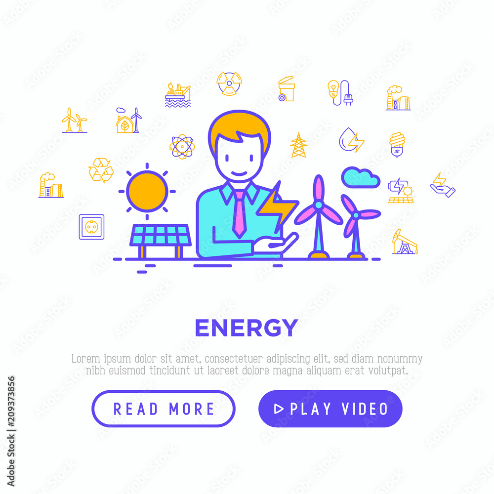Energy concept with thin line icons: factory, oil platform, hydropower, wind energy, power socket, radioactivity, garbage, oil rig, recycling. Vector illustration, web page template.