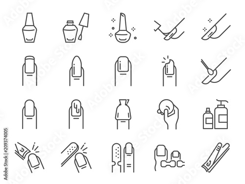 Nail polish salon icon set. Included the icons as finger, toe separator, coat, remover pad, glaze, paint, nail art and more photo