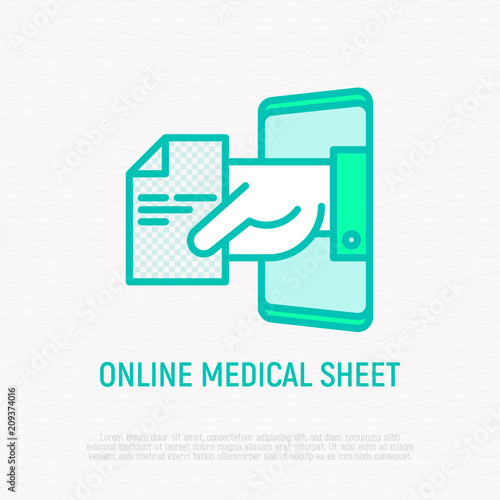 Online medical sheet, prescription thin line icon: hand with recipe from smartphone. Modern vector illustration.