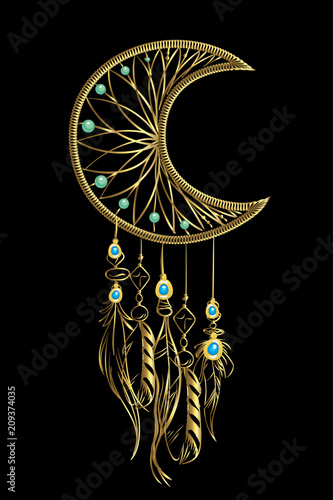 Vector illustration with golden luxury dream catcher with feathers and jewels on a black background. Ornate ethnic items, feathers, beads.