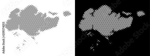 Halftone round dot Singapore map. Vector territory maps in grey and white colors on white and black backgrounds. Abstract collage of Singapore map created of circle dots.