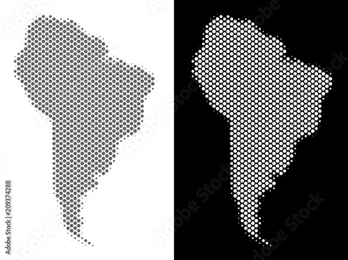 Halftone round pixel South America map. Vector territory maps in grey and white colors on white and black backgrounds. Abstract mosaic of South America map constructed of circle elements.