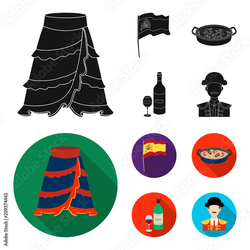 Flag with the coat of arms of Spain, a national dish with rice and tomatoes, a bottle of wine with a glass, a bullfighter, a matador. Spain country set collection icons in black, flat style vector