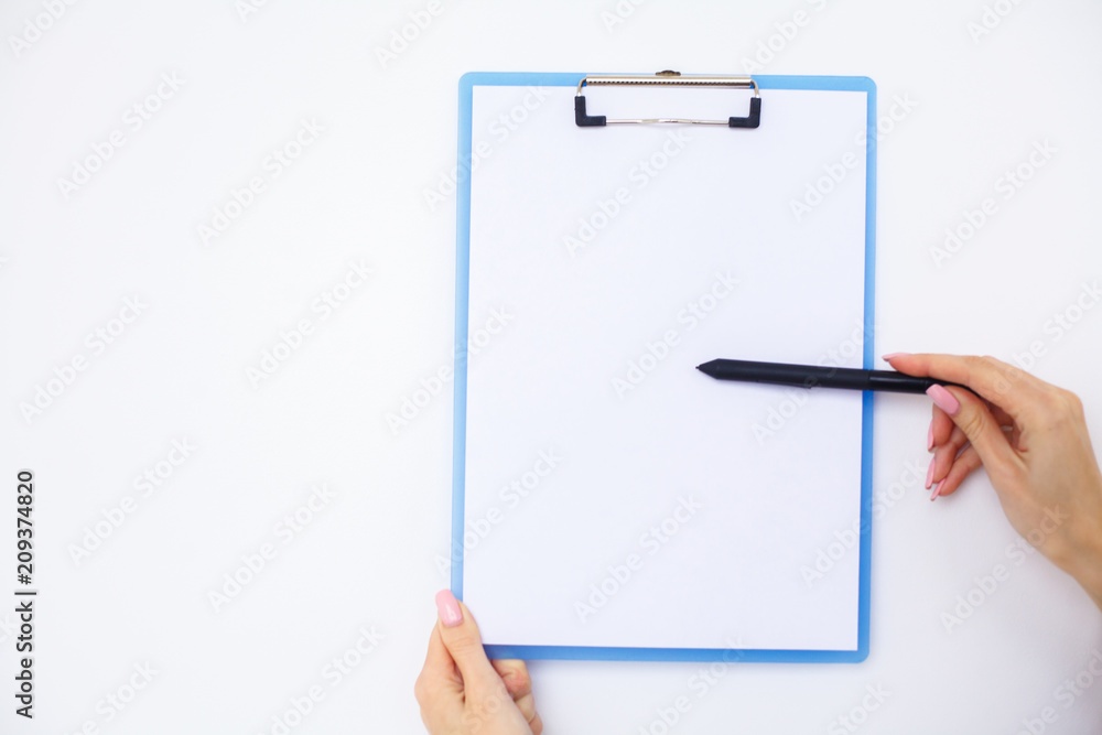 Blank Folder with White Paper. Hand that Holding Folder and Handle on White Background. Copyspace. Place for Text. Blank Folder with White Paper. Hand that Holding Folder and Handle on White Background. Copyspace. Place for Text.