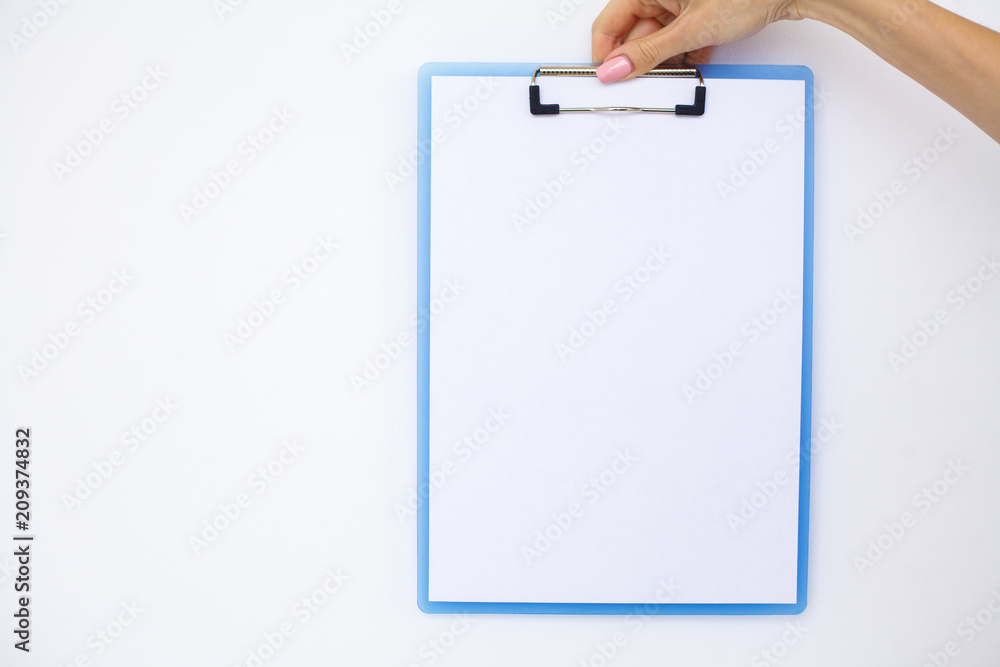 Blank Folder with White Paper. Hand that Holding Folder and Handle on White Background. Copyspace. Place for Text. Blank Folder with White Paper. Hand that Holding Folder and Handle on White Background. Copyspace. Place for Text.