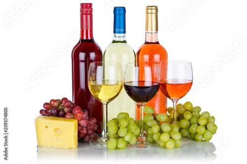 Wein Käse Weine Weißwein Rotwein Rose Weintrauben Trauben isoliert Freisteller