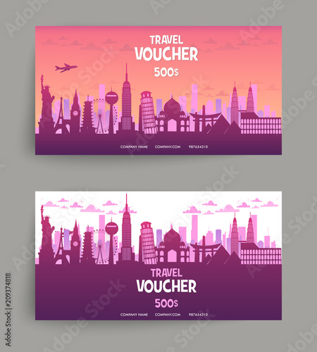 Vector set of gift travel voucher. Template for a festive gift card, coupon and certificate. Discount Coupon Template. Vector Illustration EPS10