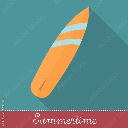 Collection of Summer Holiday Items, Flat Design with long shadow in Bright Colors: Cool surfboard © mvc_stock