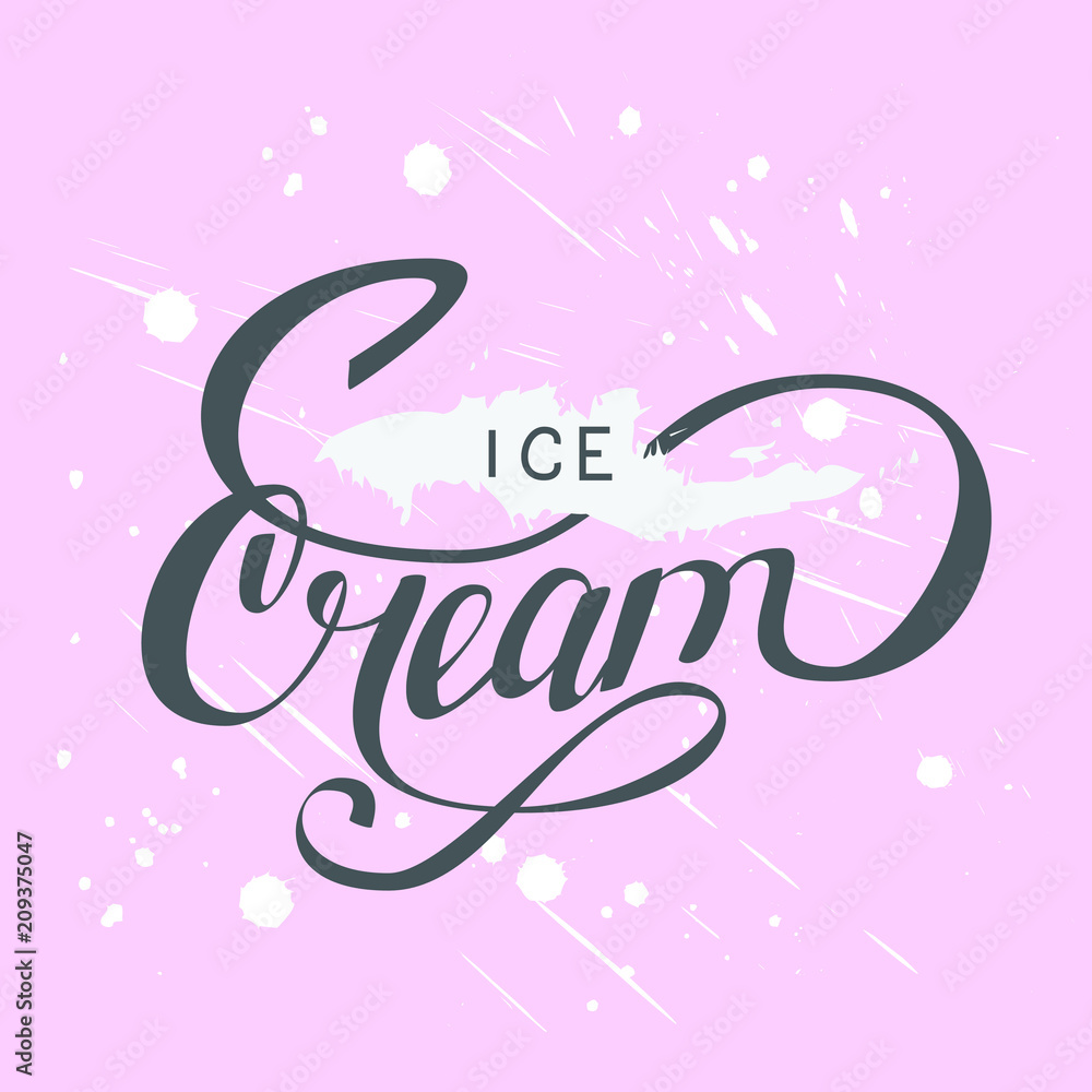 Ice Cream hand written typography lettering for poster, cart and print. Isolated on pink background with pastel brushes and staines. Vector illustration. Ice Cream hand written typography lettering for poster, cart and print. Isolated on pink background with pastel brushes and staines. Vector illustration.