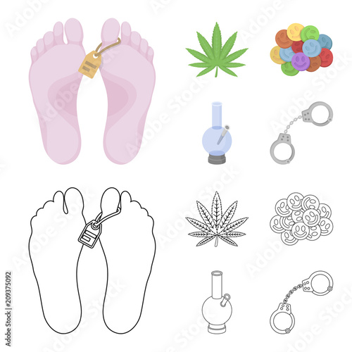Hemp leaf, ecstasy pill, handcuffs, bong.Drug set collection icons in cartoon,outline style vector symbol stock illustration web.