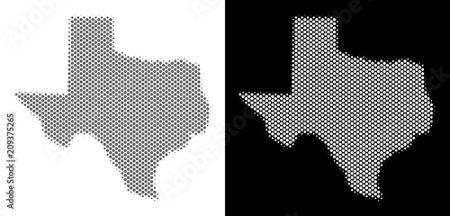 Halftone circle blot Texas map. Vector territorial maps in gray and white colors on white and black backgrounds. Abstract mosaic of Texas map made of round dots.