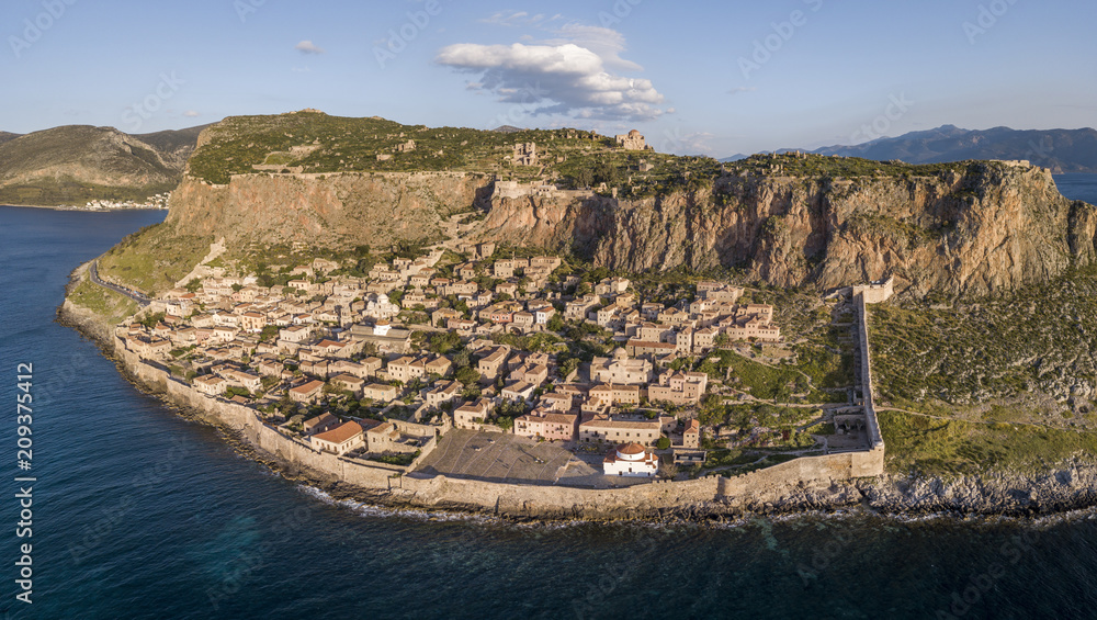 Aerial view of the ancient hillside town of Monemvasia located in the southeastern part of the Peloponnese peninsula