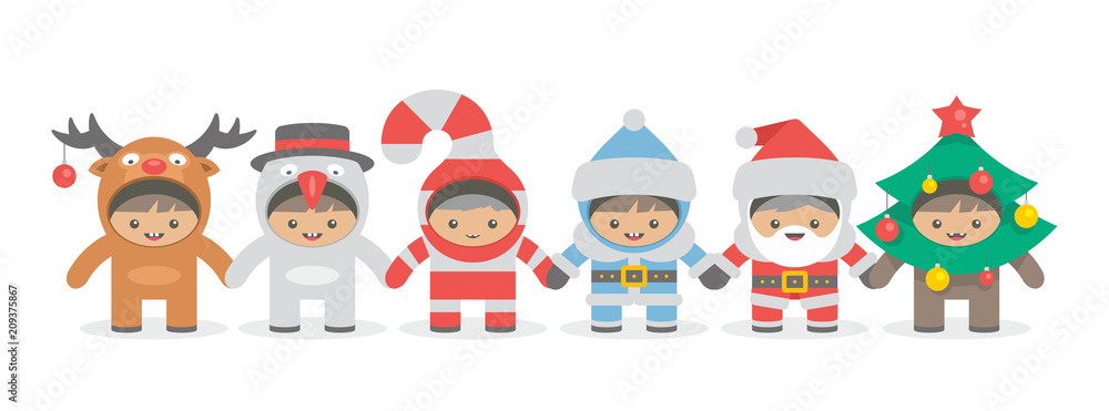 Kids holding hand in Christmas costumes, flat style. isolated on white background