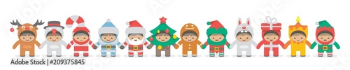 Kids holding hand in Christmas costumes, flat style. isolated on white background