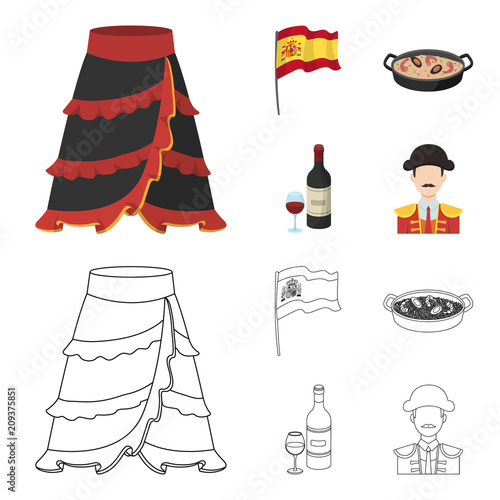 Flag with the coat of arms of Spain, a national dish with rice and tomatoes, a bottle of wine with a glass, a bullfighter, a matador. Spain country set collection icons in cartoon,outline style vector