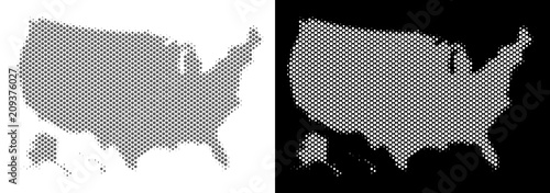 Halftone round pixel USA with Alaska map. Vector territory maps in grey and white colors on white and black backgrounds. Abstract composition of USA with Alaska map composed of circle dots.