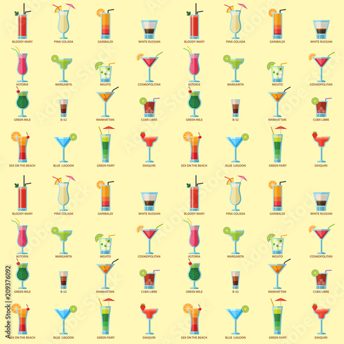 Alcoholic cocktails seamless pattern background fruit cold drinks tropical cosmopolitan freshness party alcohol sweet tequila vector illustration.