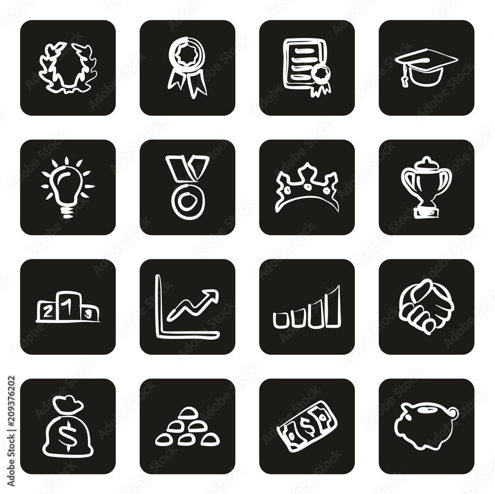 Success & Achievement Icons Freehand White On Black Success & Achievement Icons Freehand White On Black