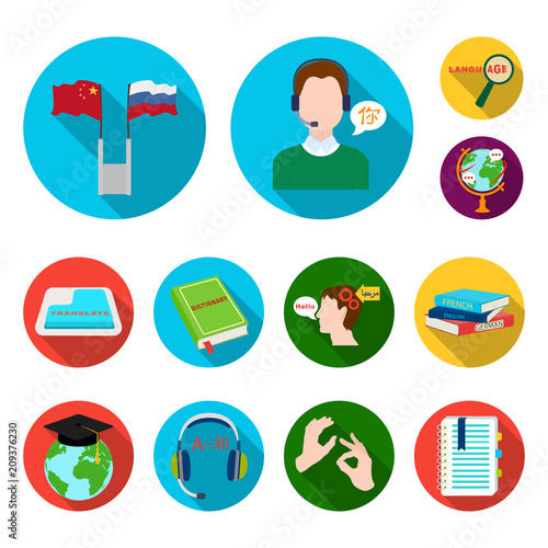 Translator and linguist flat icons in set collection for design. Interpreter vector symbol stock web illustration.