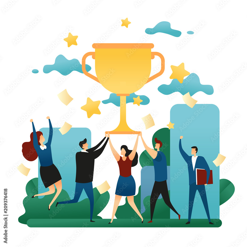Office Cooperative Teamwork Win. Happy People Victory in the Team. First Place in Business With a Gold Cup. Business Concept Vector Illustration