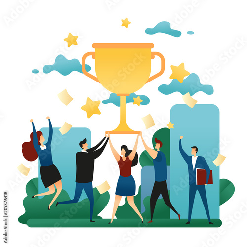 Office Cooperative Teamwork Win. Happy People Victory in the Team. First Place in Business With a Gold Cup. Business Concept Vector Illustration