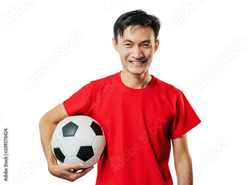 Soccer fan celebrating man in red short sleeve shirt. © makibestphoto