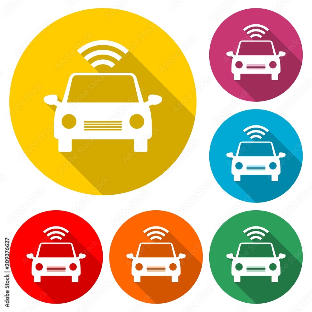 The Connected Car. Smart car icon with wireless connectivity symbol, color icon with long shadow The Connected Car. Smart car icon with wireless connectivity symbol, color icon with long shadow